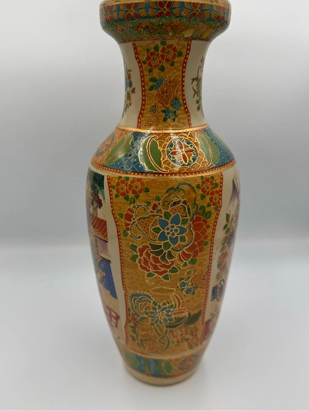 Large Vintage Vase Made in China Asian Bird Flowers Gold Moriage Beautiful